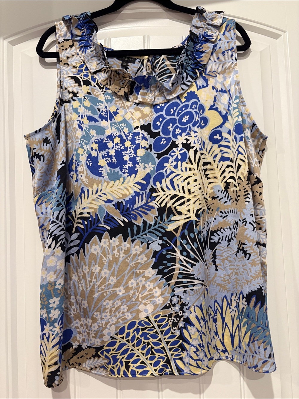 Talbots Floral Ruffle-Neck Sleeveless top in Blue, Cream and Tan